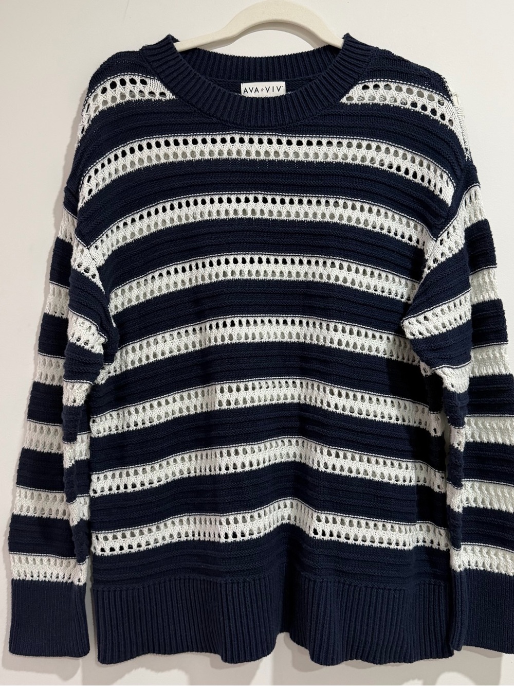 Ava & Viv Navy and White Open-Knit Stripe Crewneck Sweater